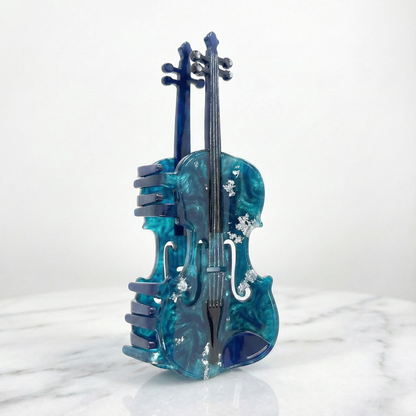 Mavi Düet - Gümüş Detaylı Çift Keman Figürlü Tasarım Toka