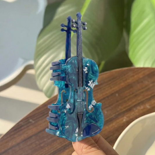 Mavi Düet - Gümüş Detaylı Çift Keman Figürlü Tasarım Toka